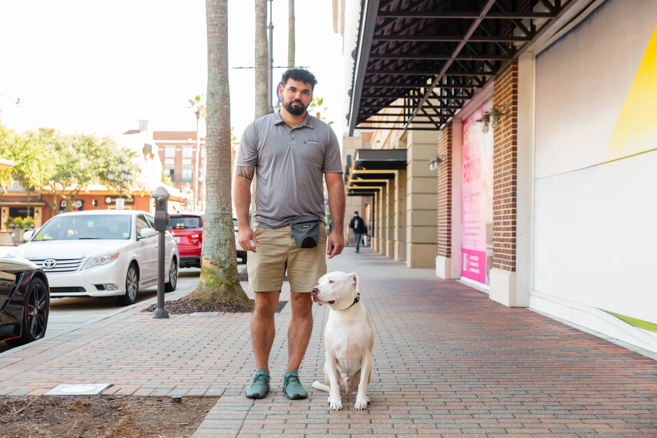 Man walking a large white dog on a city sidewalk.