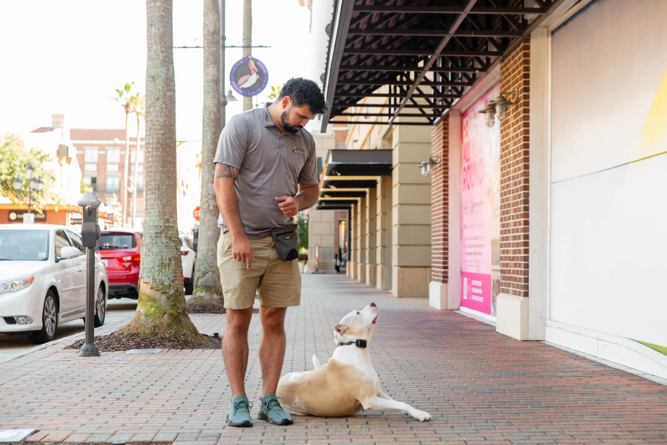 Man in mask walking a dog on a city sidewalk.