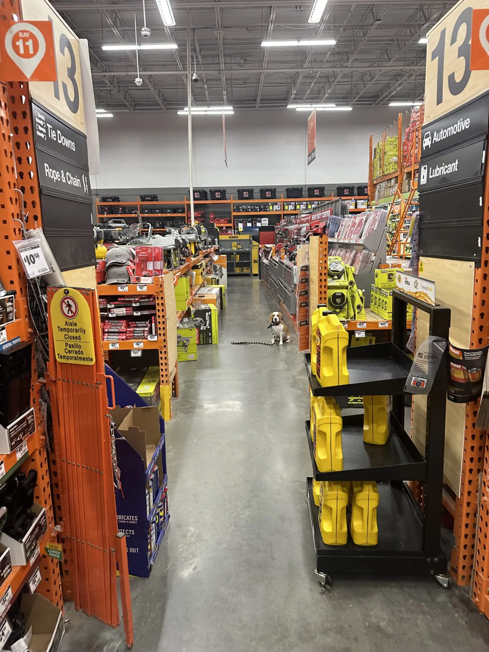 Aisle in a hardware store with various tools and supplies on shelves.