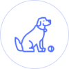 Blue line art icon of a sitting dog with an info symbol.