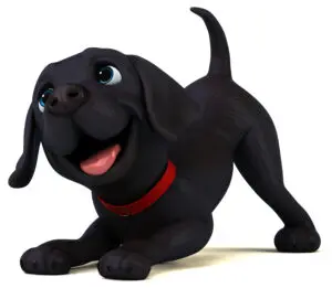 Happy black cartoon puppy with a red collar playfully crouching.