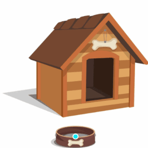 Wooden doghouse with a dog bowl in front.